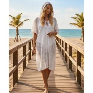 Cover Up Beach Summer Pool White Crochet Hooded Short Sleeve 2X Jaclyn Smith